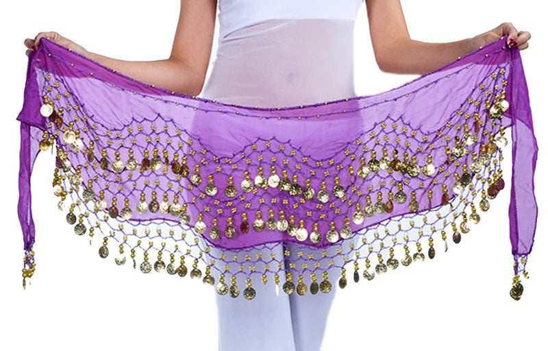 Lauthen.S 128 Coins Belly Dance Hip Scarf Tribal Belt Halloween Genie Costume Accessory Purple - Image 1